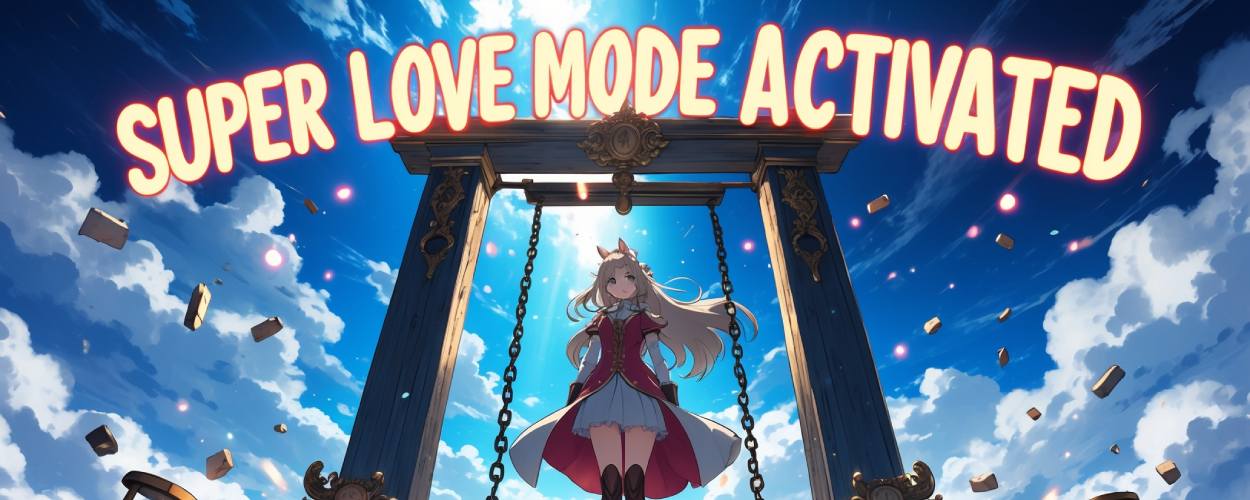 Anime-Szene: Eine junge Adlige steht selbstbewusst unter einem hölzernen Richtblock, darüber leuchtet in rosa Lettern „Super Love Mode Activated“, während Sanduhren und Trümmer durch die Luft wirbeln.