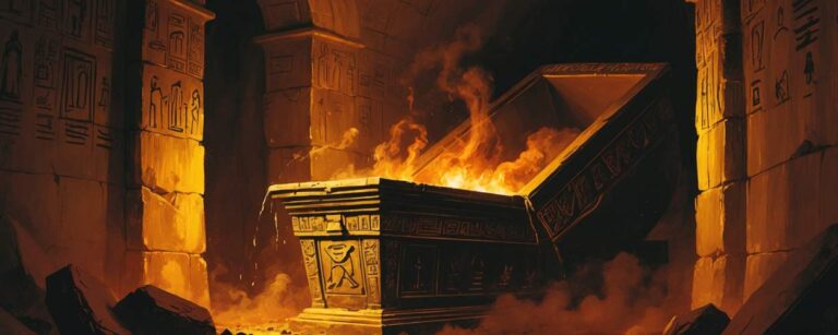 In einem ägyptischen Grab öffnet sich ein uralter Sarkophag – Flammen und Nebel steigen auf, die Wände sind mit Hieroglyphen bedeckt. The Mummy 2026.