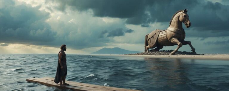 Odysseus steht auf einer Planke im Meer, blickt auf das halb verfallene trojanische Pferd am Strand – düsteres Motiv zum Teaser von Nolans The Odyssey