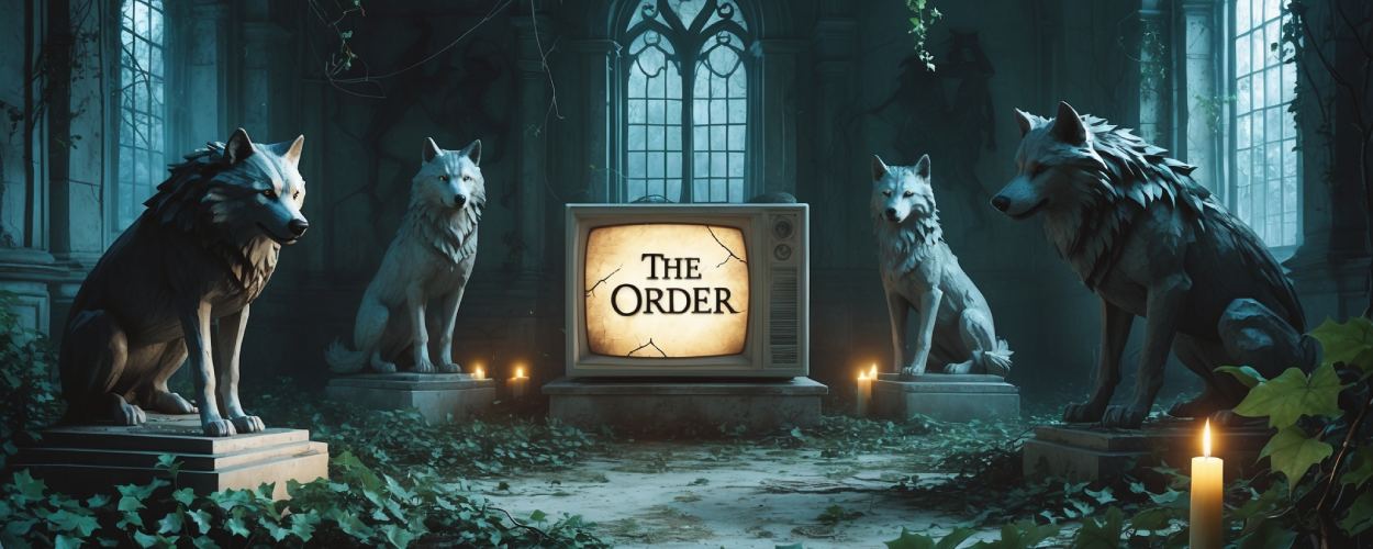 Ein verfallener, von Efeu überwucherter Fantasy-Campus. Inmitten bröckelnder Wolfsstatuen steht ein antiker Röhrenfernseher, auf dessen flimmerndem Bildschirm „The Order“ prangt – wie ein Echo aus der Streaming-Vergangenheit. Kerzen flackern, Staub tanzt im Licht. Kein Leben, nur Legendenpflege.