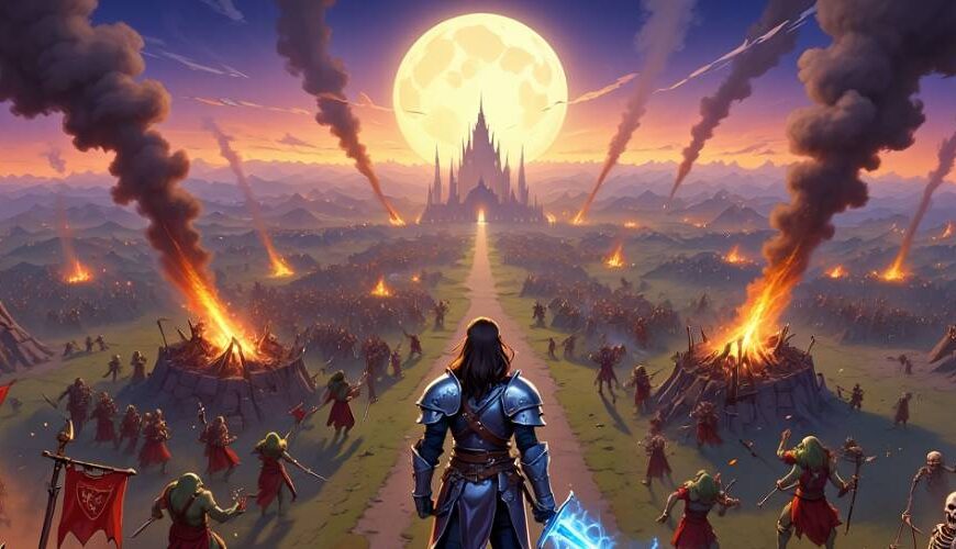 Ein gepanzerter Held steht auf einer Ruinenmauer und blickt auf ein brennendes Schlachtfeld voller Orks und Skelette. Am Horizont erhebt sich eine gotische Festung unter dem Licht eines riesigen Vollmonds – das Fantasy-RTS The Scouring als epische Tableauszene.