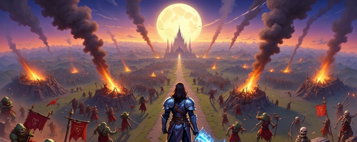 Ein gepanzerter Held steht auf einer Ruinenmauer und blickt auf ein brennendes Schlachtfeld voller Orks und Skelette. Am Horizont erhebt sich eine gotische Festung unter dem Licht eines riesigen Vollmonds – das Fantasy-RTS The Scouring als epische Tableauszene.