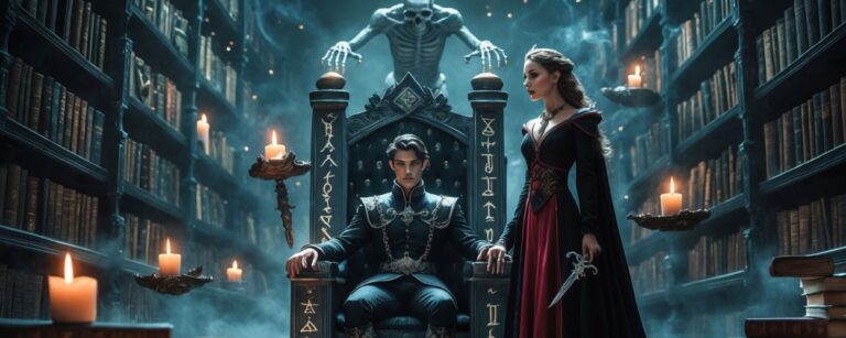 Ein finster dreinblickender Fantasyprinz sitzt auf einem Runenthron in einer überinszenierten Bibliothek, flankiert von einer dramatisch posierenden Frau mit Dolch – über ihnen ragt ein skelettartiger Schatten. Kerzen, Nebel und Bücherstapel sorgen für maximale Theatralik.