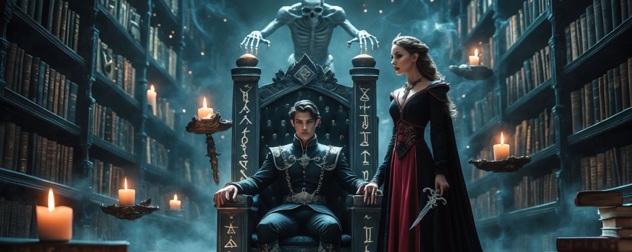 Ein finster dreinblickender Fantasyprinz sitzt auf einem Runenthron in einer überinszenierten Bibliothek, flankiert von einer dramatisch posierenden Frau mit Dolch – über ihnen ragt ein skelettartiger Schatten. Kerzen, Nebel und Bücherstapel sorgen für maximale Theatralik.