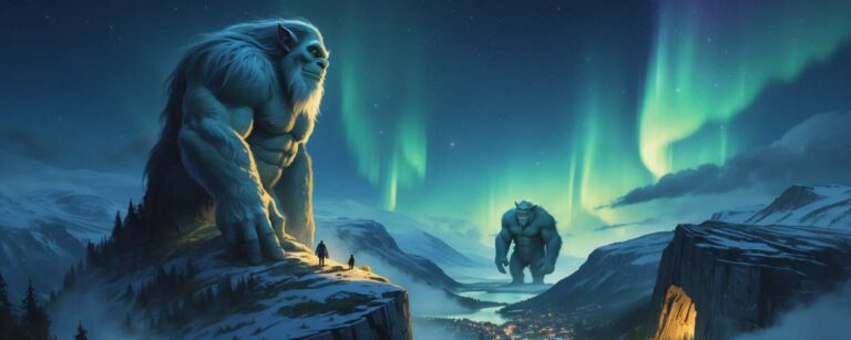 Zwei riesige Trolle erheben sich über einer norwegischen Winterlandschaft – unter Nordlichtern, über einem Dorf im Tal.