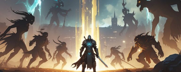 Ein gepanzerter Held steht mit leuchtendem Schwert vor einem magischen Portal, umgeben von düsteren, schemenhaften Gestalten – Szene aus dem ARPG Vaultbreakers.