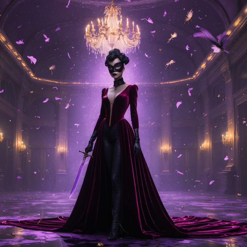 Masked figure in a crimson velvet gown standing in a grand, dark ballroom with a shattered chandelier above. Petals and butterflies swirl in violet light as she holds a glowing blade. The scene blends elegance and menace in neo-noir fantasy style.