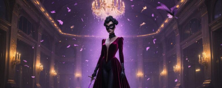Masked figure in a crimson velvet gown standing in a grand, dark ballroom with a shattered chandelier above. Petals and butterflies swirl in violet light as she holds a glowing blade. The scene blends elegance and menace in neo-noir fantasy style.