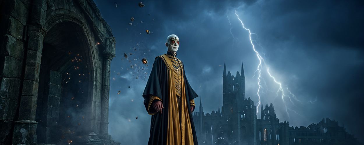 Voldemort in HBOs neuer Harry-Potter-Serie – geheimnisvoller Magier mit goldener Robe vor donnerndem Himmel, zerfallenes Hogwarts im Hintergrund, Blitze zucken durch die Nacht.