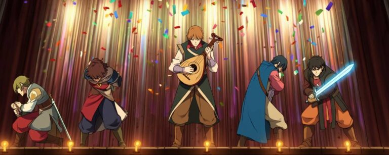 Animated fantasy heroes take a bow on a theatre stage. Confetti rains down as one strums a lute and another raises a glowing sword. A magical curtain glows behind them, stylized like Vox Machina.
