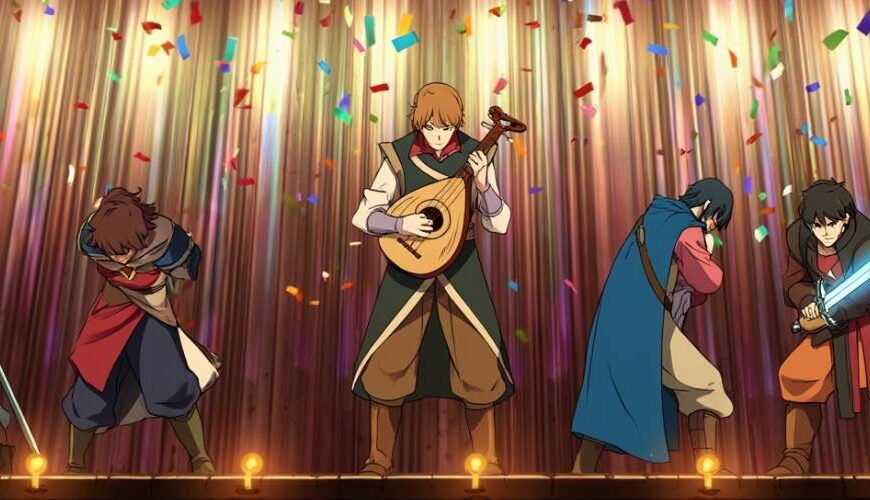 Animated fantasy heroes take a bow on a theatre stage. Confetti rains down as one strums a lute and another raises a glowing sword. A magical curtain glows behind them, stylized like Vox Machina.