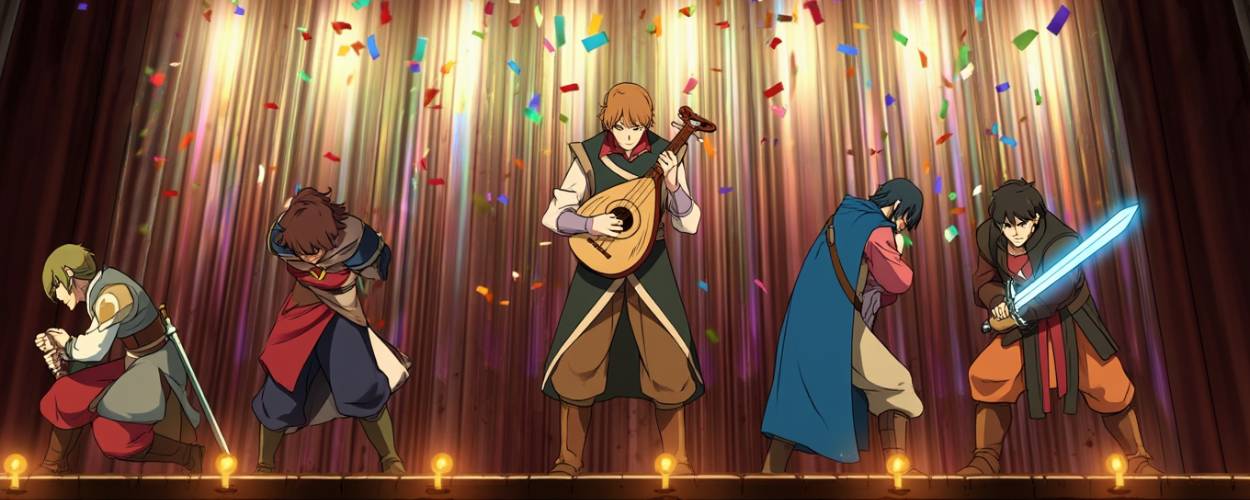 Animated fantasy heroes take a bow on a theatre stage. Confetti rains down as one strums a lute and another raises a glowing sword. A magical curtain glows behind them, stylized like Vox Machina.