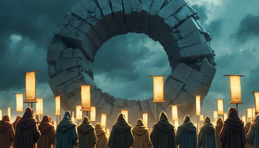 Eine versammelte Menge von Fantasy-Fans in Kapuzenroben steht mit leuchtenden Bannern vor einem gewaltigen, zerfallenden Steinkreis – Sinnbild für die gescheiterte Serie Wheel of Time und die kämpferische Hoffnung ihrer Anhängerschaft.