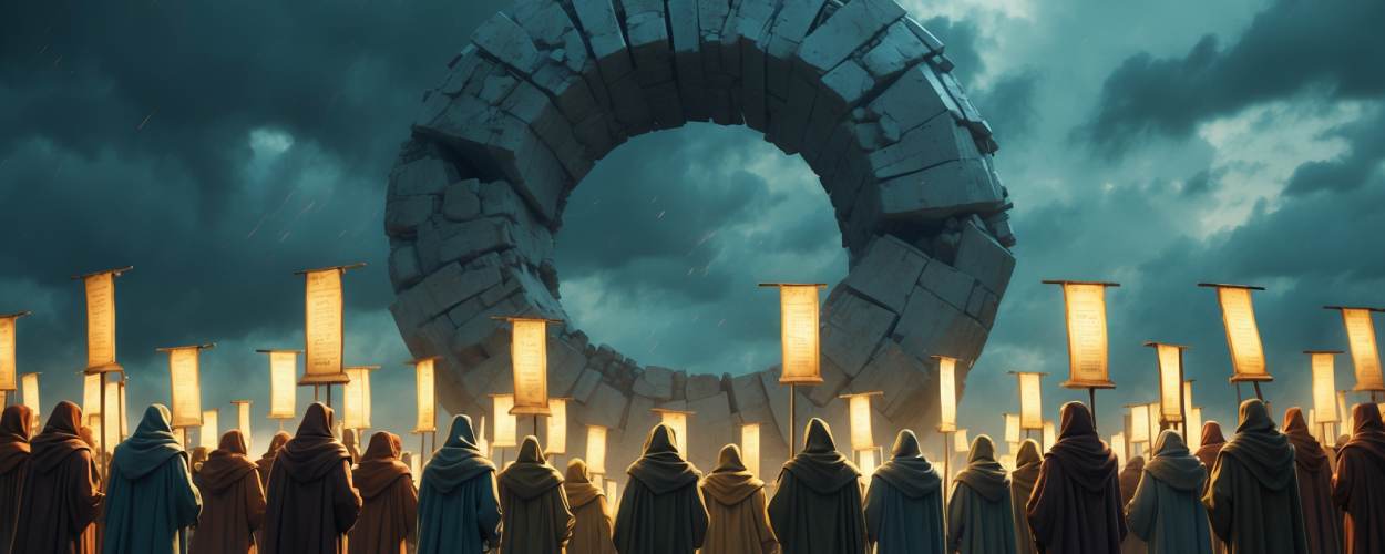 Eine versammelte Menge von Fantasy-Fans in Kapuzenroben steht mit leuchtenden Bannern vor einem gewaltigen, zerfallenden Steinkreis – Sinnbild für die gescheiterte Serie Wheel of Time und die kämpferische Hoffnung ihrer Anhängerschaft.
