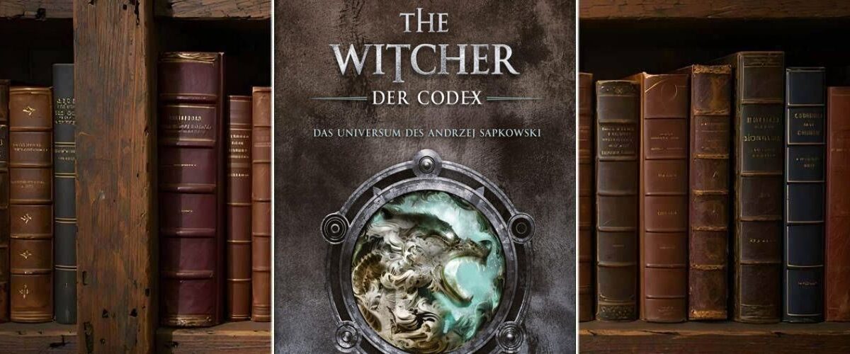 Buchcover von The Witcher: Der Codex von Alain T. Puyssegur – metallisch strukturierter Hintergrund mit Bullauge, durch das ein geisterhaft stilisierter Wolfskopf in türkis-grüner Magie sichtbar wird. Oben der Titel in Silberprägung, unten Vermerk: „Das Universum des Andrzej Sapkowski“.