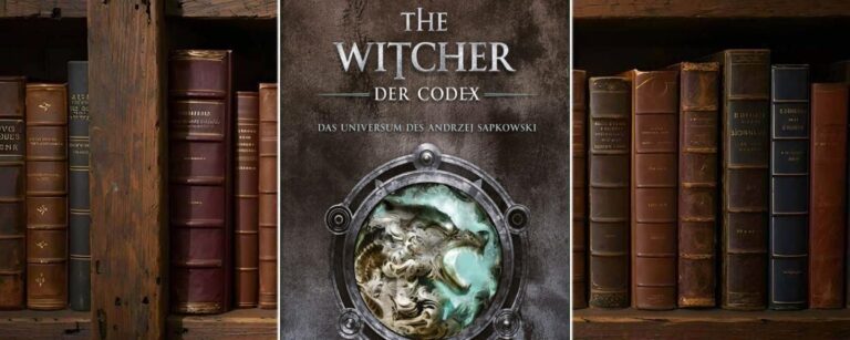 Buchcover von The Witcher: Der Codex von Alain T. Puyssegur – metallisch strukturierter Hintergrund mit Bullauge, durch das ein geisterhaft stilisierter Wolfskopf in türkis-grüner Magie sichtbar wird. Oben der Titel in Silberprägung, unten Vermerk: „Das Universum des Andrzej Sapkowski“.