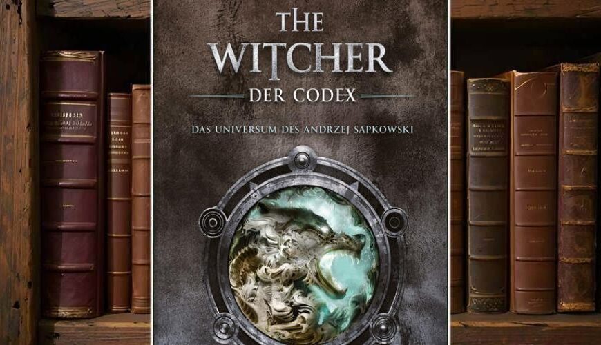 Buchcover von The Witcher: Der Codex von Alain T. Puyssegur – metallisch strukturierter Hintergrund mit Bullauge, durch das ein geisterhaft stilisierter Wolfskopf in türkis-grüner Magie sichtbar wird. Oben der Titel in Silberprägung, unten Vermerk: „Das Universum des Andrzej Sapkowski“.
