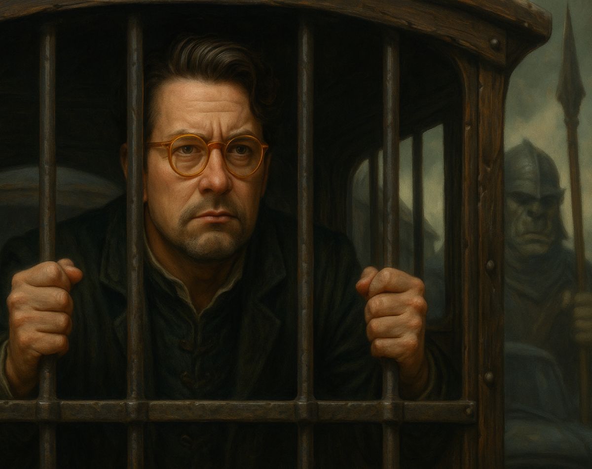 Satirische Fantasy-Szene: Mittelalterlicher Heiler streckt gierig die Hand nach Münzen aus, während ein verletzter Patient verzweifelt daneben sitzt.