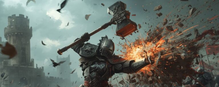 Ein gepanzerter Krieger mit riesigem Vorschlaghammer schleudert einen Gegner durch die Luft, während um ihn herum inmitten eines mittelalterlichen Schlachtfeldes Chaos tobt. Rote Banner flattern im Sturm, Truppen stürmen heran, Trümmer fliegen – pure epische Energie in einer Szene wie aus einem Metal-Albumcover.