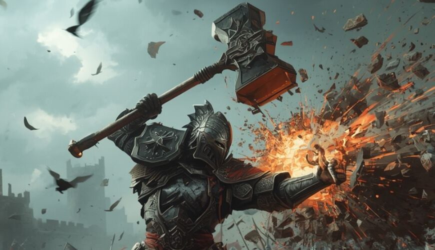Ein gepanzerter Krieger mit riesigem Vorschlaghammer schleudert einen Gegner durch die Luft, während um ihn herum inmitten eines mittelalterlichen Schlachtfeldes Chaos tobt. Rote Banner flattern im Sturm, Truppen stürmen heran, Trümmer fliegen – pure epische Energie in einer Szene wie aus einem Metal-Albumcover.