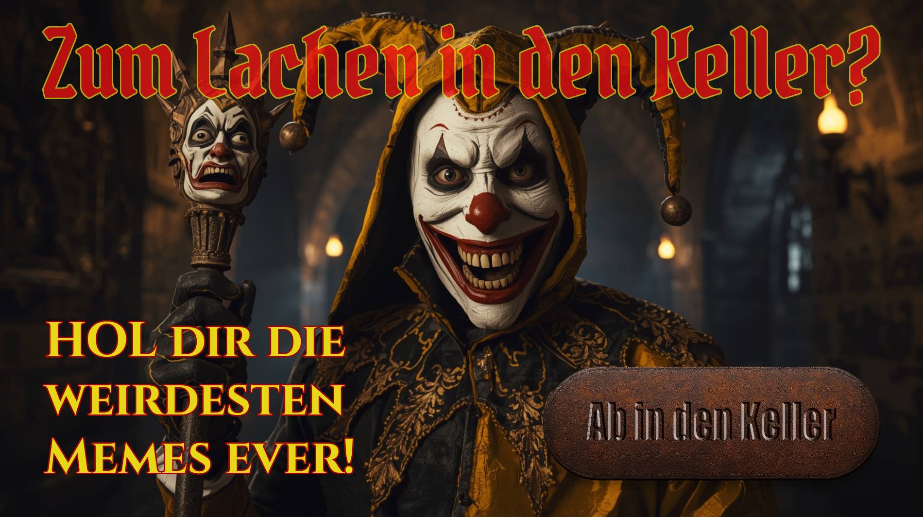 Bedrohlicher mittelalterlicher Narr in gelb-schwarzem Harlekin-Gewand, mit bösartig lächelnder Maske und spitzer Marotte, in einem düsteren Schlossgang bei Fackelschein.