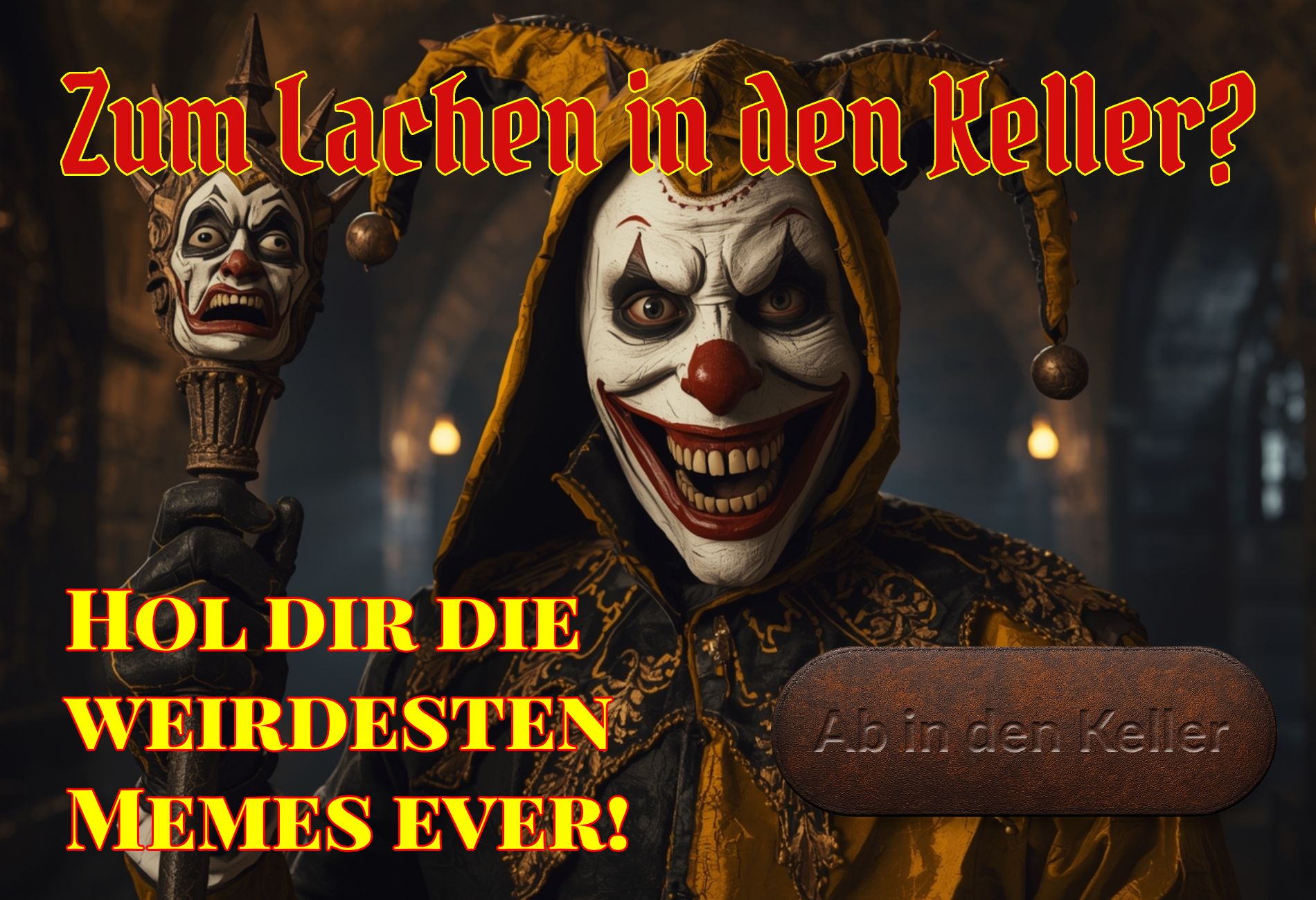 Bedrohlicher mittelalterlicher Narr in gelb-schwarzem Harlekin-Gewand, mit bösartig lächelnder Maske und spitzer Marotte, in einem düsteren Schlossgang bei Fackelschein.