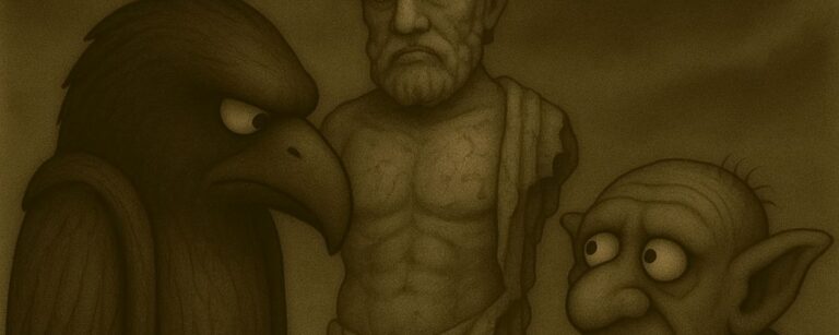 Sepiafarbene Cartoonzeichnung im morbiden Stil: Crowbah (eine grimmige Krähenfigur) und Grabhold (ein trotteliger Goblin) stehen links und rechts neben einer kaputten Herkules-Statue. Der Himmel ist düster, der Boden karg. Crowbah blickt ernst zur Statue, Grabhold guckt ihn mit leerem Gesichtsausdruck an. Keine weiteren Figuren oder Requisiten im Bild.