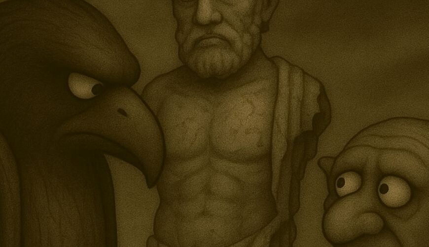Sepiafarbene Cartoonzeichnung im morbiden Stil: Crowbah (eine grimmige Krähenfigur) und Grabhold (ein trotteliger Goblin) stehen links und rechts neben einer kaputten Herkules-Statue. Der Himmel ist düster, der Boden karg. Crowbah blickt ernst zur Statue, Grabhold guckt ihn mit leerem Gesichtsausdruck an. Keine weiteren Figuren oder Requisiten im Bild.