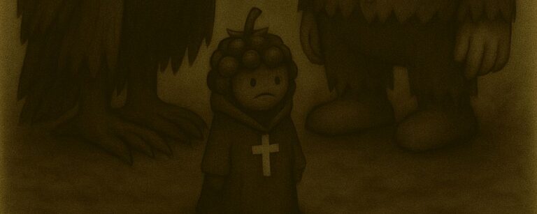 Sepiafarbene Cartoonzeichnung: Crowbah und Grabhold stehen vor einer seltsamen, beerenartigen Figur in Mönchskutte mit Kreuz. Crowbah schaut kritisch nach unten, Grabhold wirkt ratlos. Die Szenerie ist leer bis auf das merkwürdige „Obstwesen“ im Zentrum.