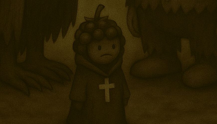 Sepiafarbene Cartoonzeichnung: Crowbah und Grabhold stehen vor einer seltsamen, beerenartigen Figur in Mönchskutte mit Kreuz. Crowbah schaut kritisch nach unten, Grabhold wirkt ratlos. Die Szenerie ist leer bis auf das merkwürdige „Obstwesen“ im Zentrum.