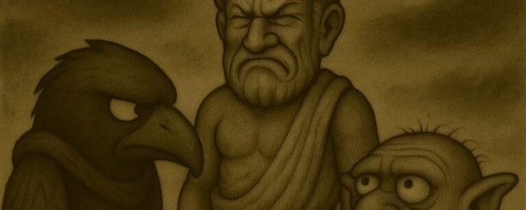 Sepiafarbene Cartoonzeichnung: Crowbah und Grabhold stehen links und rechts vor einer Statue mit Hammer und verzerrtem Gesicht. Beide schauen zur Statue. Im Vordergrund hockt ein zotteliges, haariges Wesen und macht „Bööörk“.