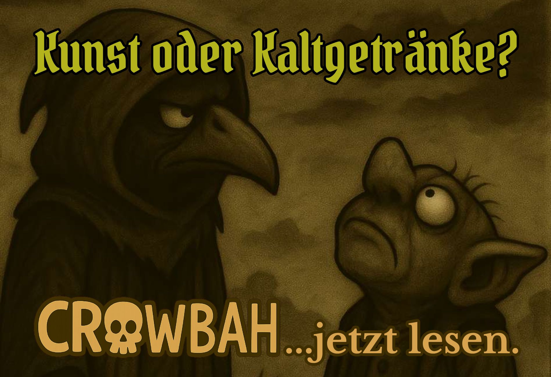 Sepiafarbenes Cartoon-Motiv: Links eine dunkle Krähenfigur mit Schnabelmaske (Crowbah), die grimmig nach rechts blickt. Rechts daneben ein trollartiges Wesen mit großen Ohren und weit aufgerissenen Augen, das nach oben starrt. Oben der Text „Kunst oder Kaltgetränke?“, unten in markanter Schrift „CROWBAH …jetzt lesen!“.