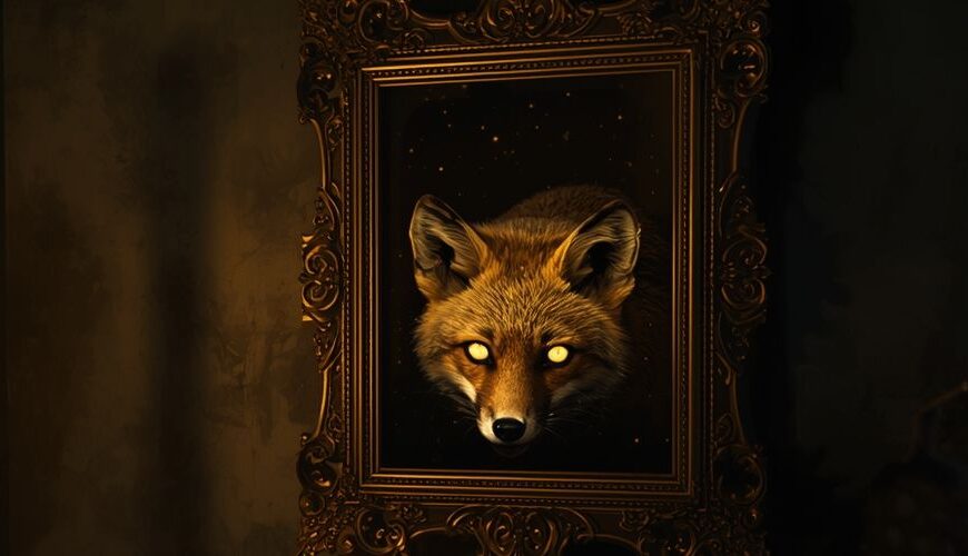 Ein goldener Fuchs mit leuchtenden Augen blickt aus einem alten Gemälde in einem schummrigen Kinderzimmer, während eine Kerze den Raum erhellt.