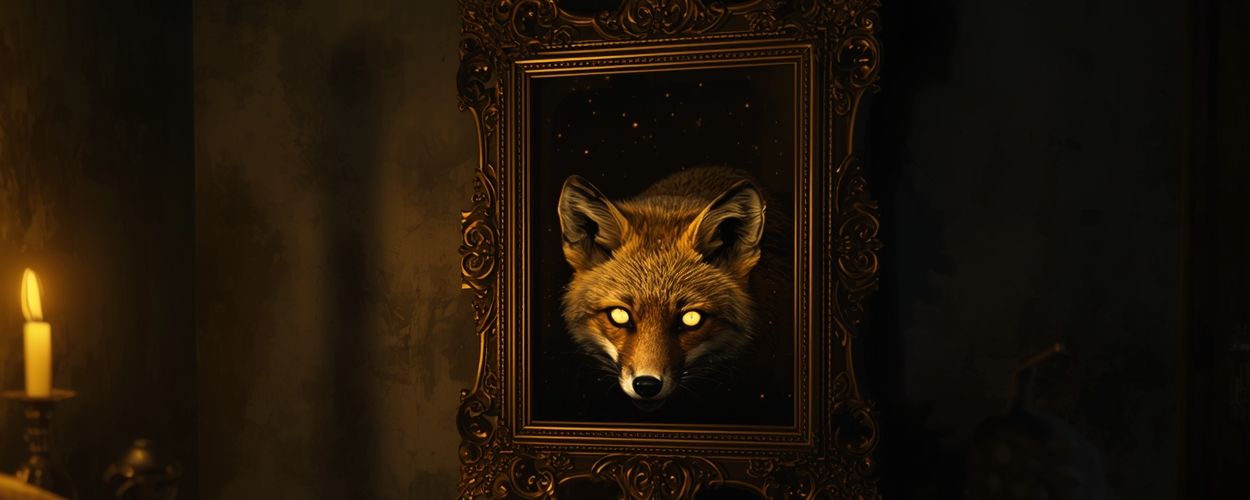Ein goldener Fuchs mit leuchtenden Augen blickt aus einem alten Gemälde in einem schummrigen Kinderzimmer, während eine Kerze den Raum erhellt.