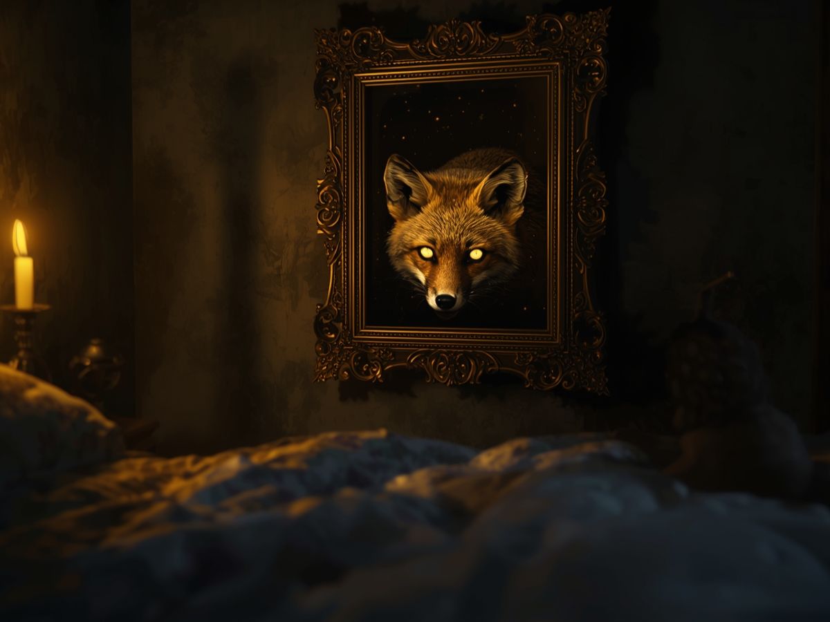 Ein goldener Fuchs mit leuchtenden Augen blickt aus einem alten Gemälde in einem schummrigen Kinderzimmer, während eine Kerze den Raum erhellt.