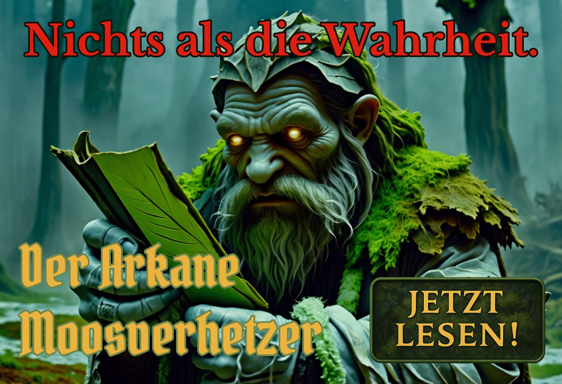 Fantasy-Satire-Banner: Ein Moosling mit glühenden Augen liest wütend in einem grünen Blattbuch. Darüber der Schriftzug ‚Nichts als die Wahrheit‘, unten der Titel ‚Der Arkane Moosverhetzer‘ und ein Button mit ‚Jetzt lesen!‘