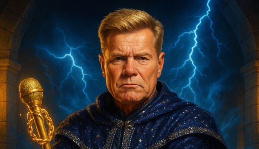 Dieter Bohlen erscheint im Zwischenreich als Klangbeschwörer von Plärragon – mit Mikro-Zepter, Donnerblick und magischer Fluchwertung in DSDS-Manier.