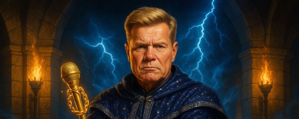 Dieter Bohlen erscheint im Zwischenreich als Klangbeschwörer von Plärragon – mit Mikro-Zepter, Donnerblick und magischer Fluchwertung in DSDS-Manier.