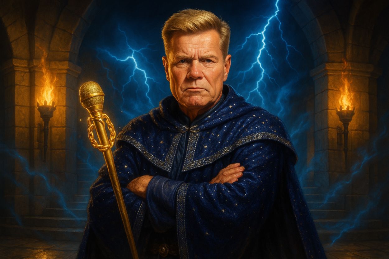Dieter Bohlen erscheint im Zwischenreich als Klangbeschwörer von Plärragon – mit Mikro-Zepter, Donnerblick und magischer Fluchwertung in DSDS-Manier.