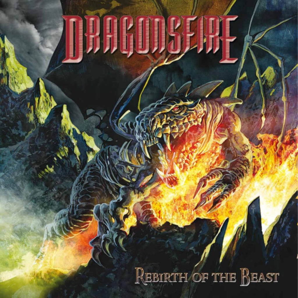 Coverartwork von Rebirth of the Beast (2025) der Band Dragonsfire: Ein feuerspeiender Drache mit gespreizten Flügeln bricht aus einer felsigen Berglandschaft hervor. Flammen und Lava leuchten aus seinem Maul, während der Titel des Albums unten in metallischer Schrift prangt.