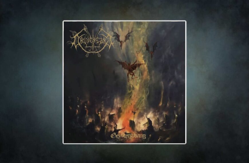 Cover-Artwork von Drudensang – Geysterzvvang (2025, Folter Records): Dämonen steigen über einem Hexenzirkel im Feuer empor, finsterer Ritualstil in dunklen Farben.