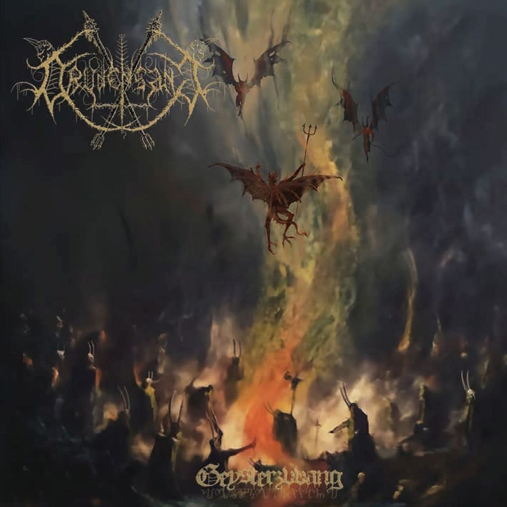 Hammer King – Make Metal Royal Again Albumcover: Ein finsterer, gepanzerter König mit Dornenkrone und maskiertem Gesicht steht in einer steinernen Festung. Er streckt eine Hand nach vorn, an der Marionettenfäden hängen, als würde er unsichtbare Figuren kontrollieren. Der Hintergrund ist dunkel und bedrohlich, der Albumtitel prangt in metallischer Schrift darunter.