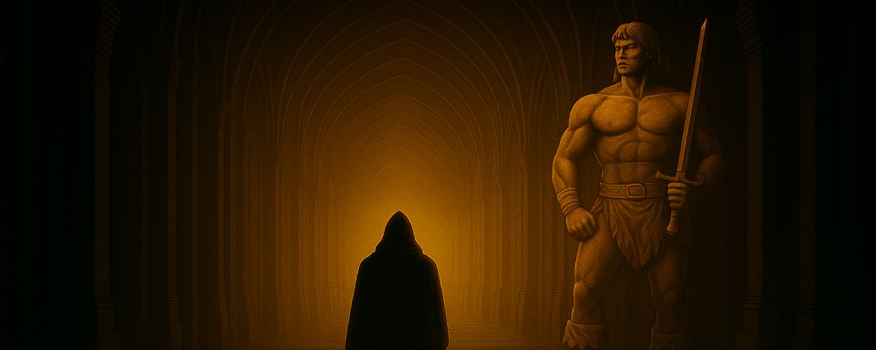 Ein digital gemaltes Fantasybild zeigt einen vermummten Wanderer in einem dunklen Gewölbegang. Rechts steht eine imposante Statue eines barbarischen Kriegers mit Schwert – inspiriert von Conan der Barbar. Die Szene ist in warmes, goldenes Licht getaucht und strahlt eine geheimnisvolle, ehrfürchtige Atmosphäre aus.