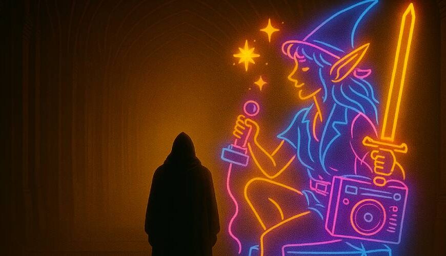 Eine digital gemalte Szene zeigt eine in Neonlicht getauchte Fantasystatue mit spitzen Ohren, die stilisierte Elfen- und Sci-Fi-Elemente vereint. Die Figur steht in einem Gewölbegang, dem ein Kapuzengestalt gegenübersteht – Symbol für die Verschmelzung von Eskapismus, Popkultur und Nerdästhetik in den Achtzigern.