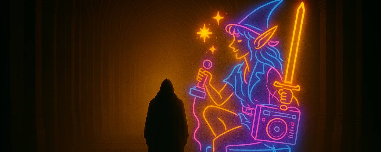 Eine digital gemalte Szene zeigt eine in Neonlicht getauchte Fantasystatue mit spitzen Ohren, die stilisierte Elfen- und Sci-Fi-Elemente vereint. Die Figur steht in einem Gewölbegang, dem ein Kapuzengestalt gegenübersteht – Symbol für die Verschmelzung von Eskapismus, Popkultur und Nerdästhetik in den Achtzigern.