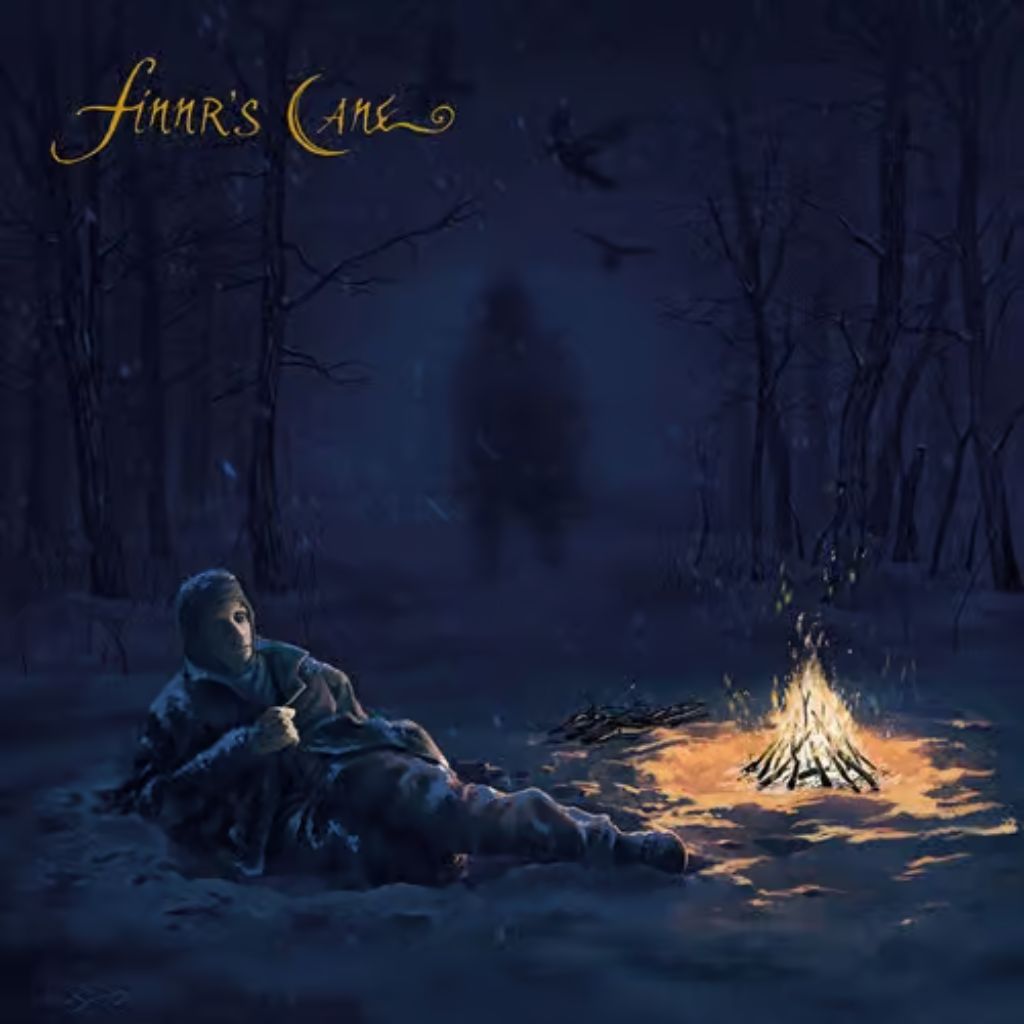 Albumcover von Finnr’s Cane – Finnr’s Cane (2025): In einer düsteren, verschneiten Waldszene liegt eine verhüllte Gestalt am Boden vor einem kleinen Lagerfeuer. Über den Baumwipfeln kreisen schwarze Vögel, und im Hintergrund zeichnet sich schemenhaft eine hohe, unheimliche Gestalt im Nebel ab. Oben links prangt der goldene Schriftzug Finnr’s Cane. Stimmung: melancholisch, geheimnisvoll, atmosphärisch.