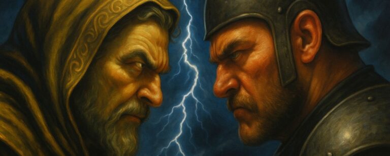 Satirische Fantasy-Illustration: Robert Habeck als grün-goldener Magier und Markus Söder als bulliger Ritter stehen Stirn an Stirn, wütende Gesichter im epischen Faceoff des ersten Wurstkriegs.