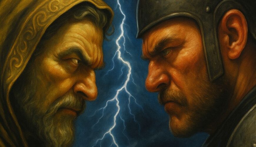 Satirische Fantasy-Illustration: Robert Habeck als grün-goldener Magier und Markus Söder als bulliger Ritter stehen Stirn an Stirn, wütende Gesichter im epischen Faceoff des ersten Wurstkriegs.