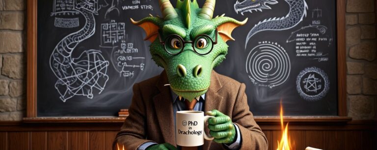 Ein grüner Drache mit Brille und Tweedjacke sitzt vor einer Tafel voller mystischer Zeichnungen. In seinen Klauen hält er eine Tasse mit der Aufschrift „PhD in Drachology“. Um ihn brennen kleine Feuer auf antiken Schriftrollen. Humorvolle, akademisch-absurde Szene im Fantasy-Stil.