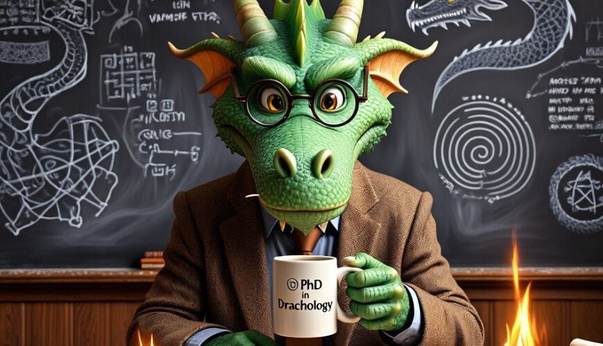 Ein grüner Drache mit Brille und Tweedjacke sitzt vor einer Tafel voller mystischer Zeichnungen. In seinen Klauen hält er eine Tasse mit der Aufschrift „PhD in Drachology“. Um ihn brennen kleine Feuer auf antiken Schriftrollen. Humorvolle, akademisch-absurde Szene im Fantasy-Stil.